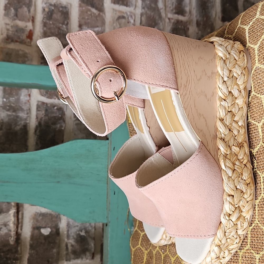 Dolce Vita Blush Otis Raffia Faux Wood Wedge Sandals - Picture 2 of 6